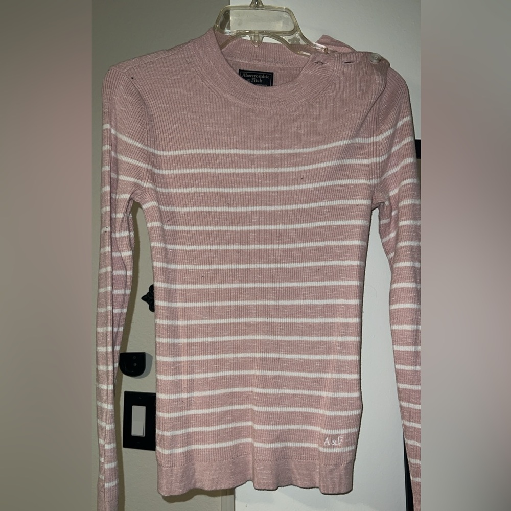 Abercrombie & Fitch Pink and White Striped Crewneck Sweater